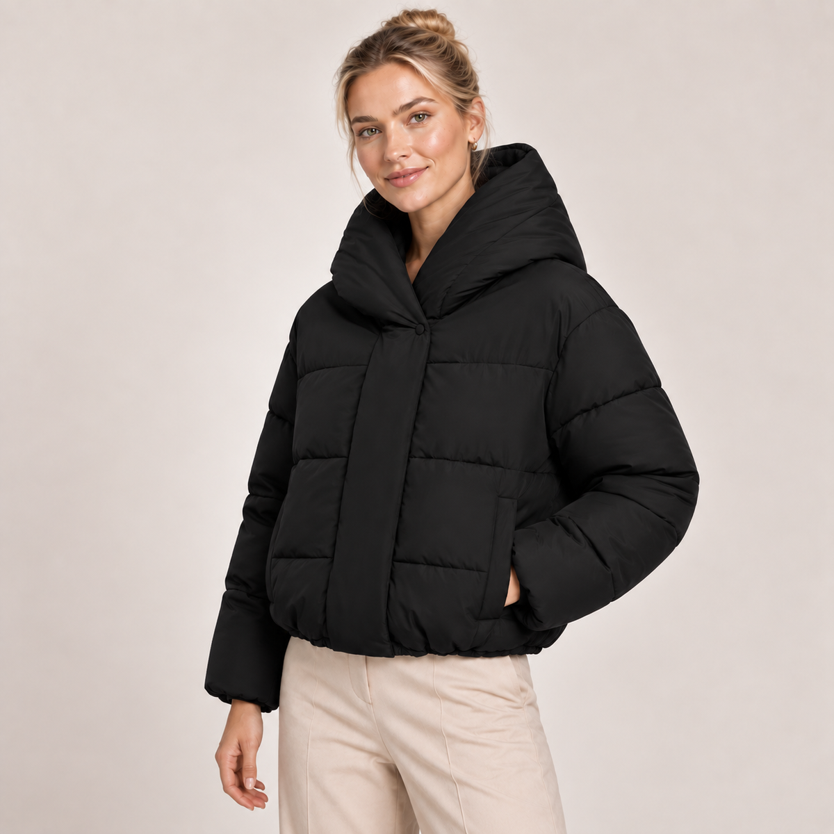 Cropped Puffer Jacket Women Hooded Lightweight Padded Elastic Hem 3
