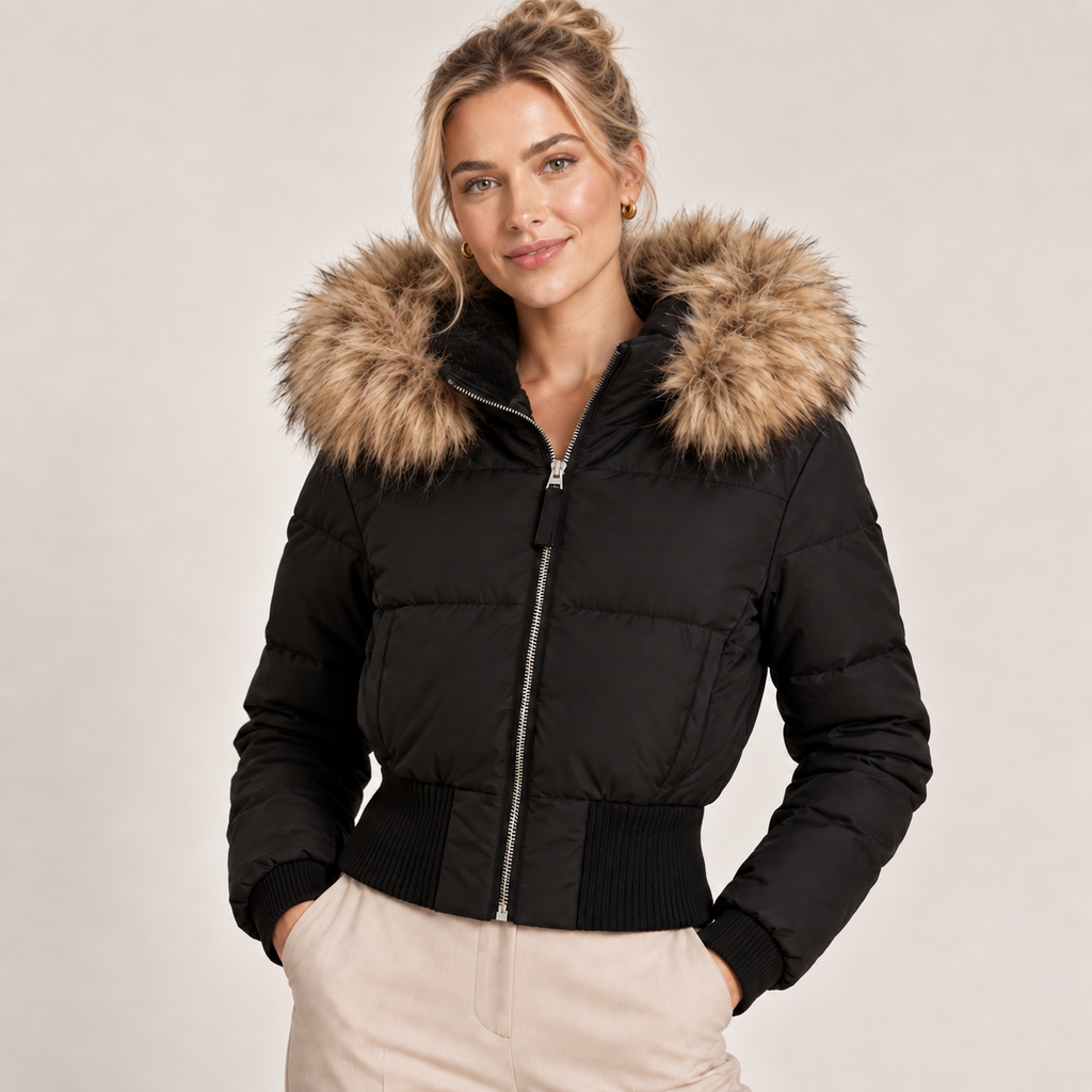 Cropped Puffer Jacket Women with Faux Fur Hood 0