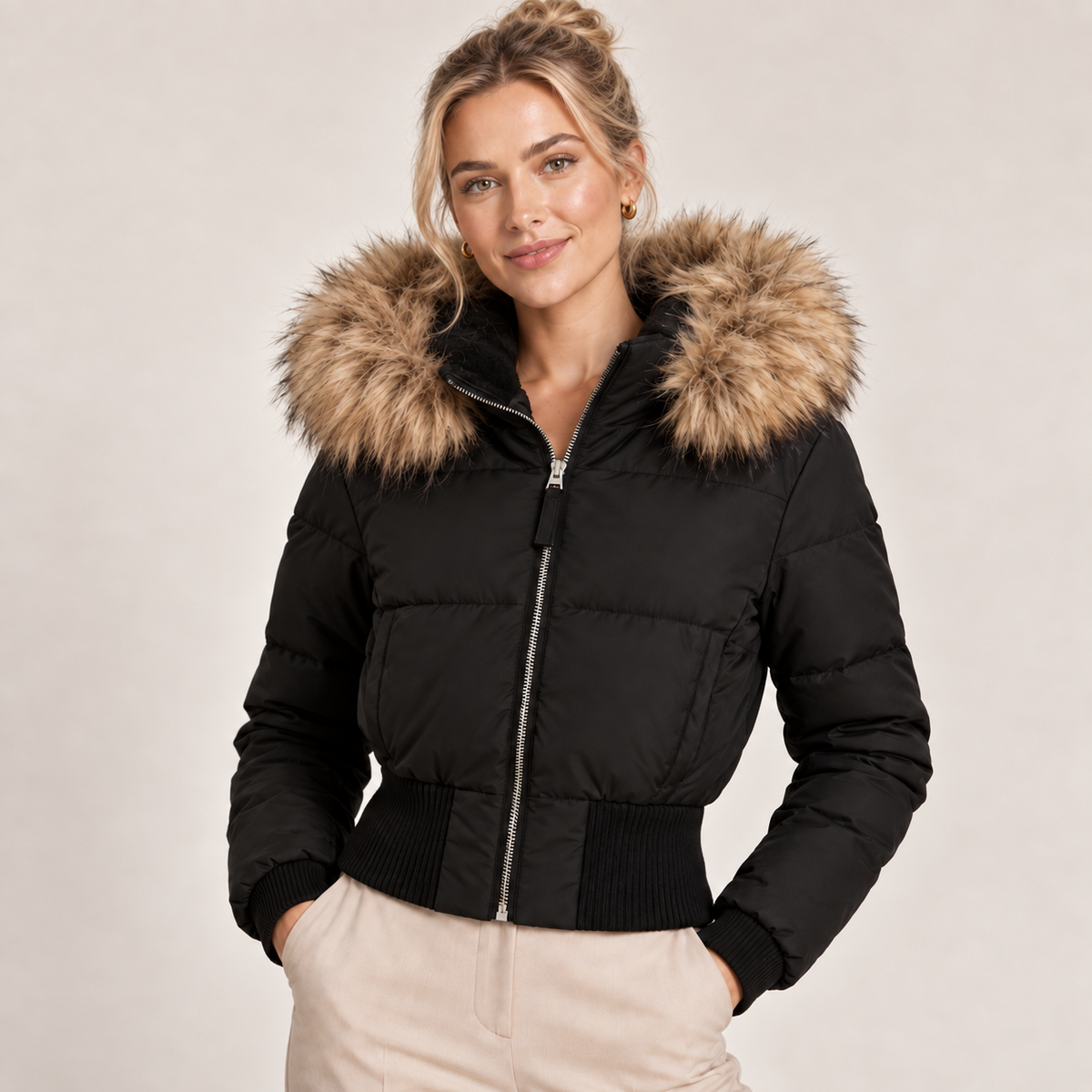 Cropped Puffer Jacket Women with Faux Fur Hood 0