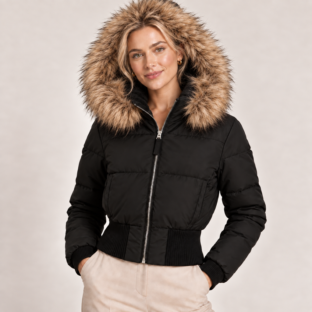 Cropped Puffer Jacket Women with Faux Fur Hood 1