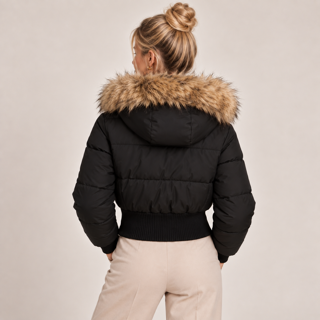 Cropped Puffer Jacket Women with Faux Fur Hood 2