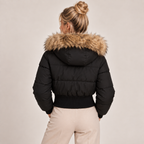 Cropped Puffer Jacket Women with Faux Fur Hood 2
