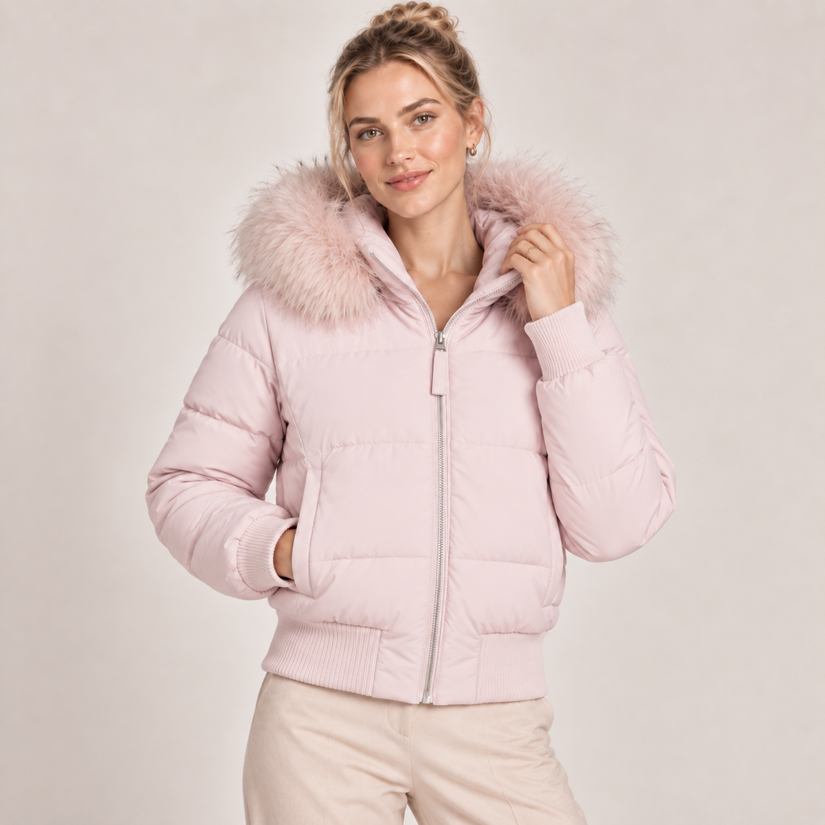 Cropped Puffer Jacket Women with Faux Fur Hood 3