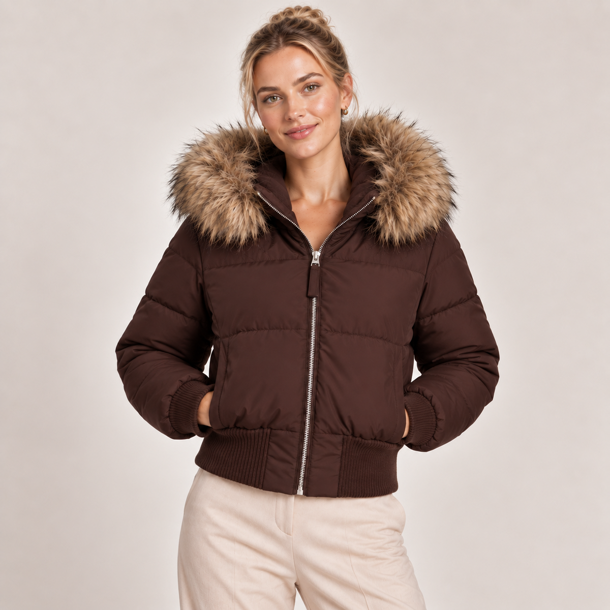 Cropped Puffer Jacket Women with Faux Fur Hood 4