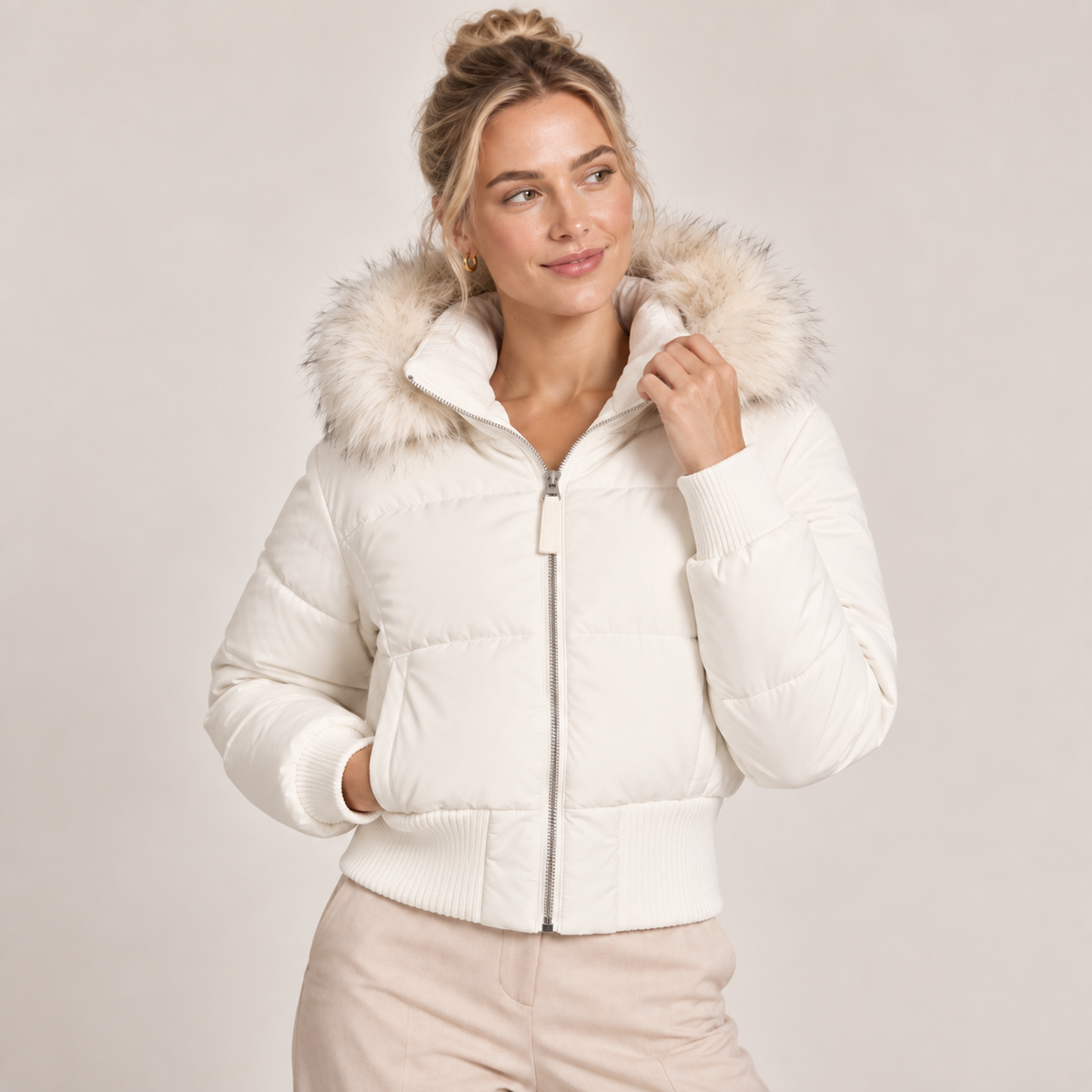 Cropped Puffer Jacket Women with Faux Fur Hood 5