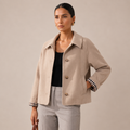 Cropped Trench Coat Boxy Jacket with Plaid Lining and Lapel Collar 0