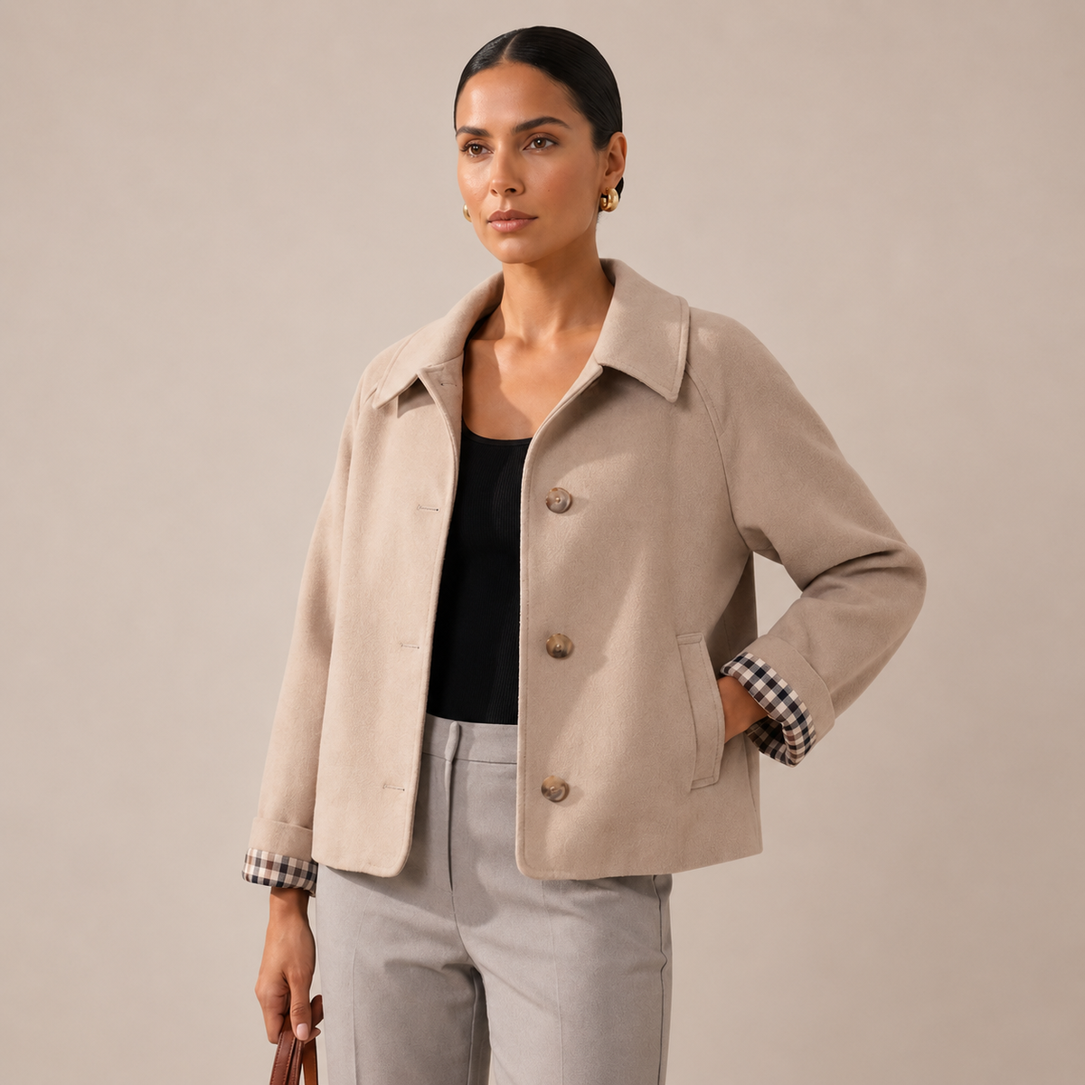 Cropped Trench Coat Boxy Jacket with Plaid Lining and Lapel Collar 0