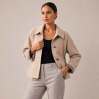 Cropped Trench Coat Boxy Jacket with Plaid Lining and Lapel Collar 1