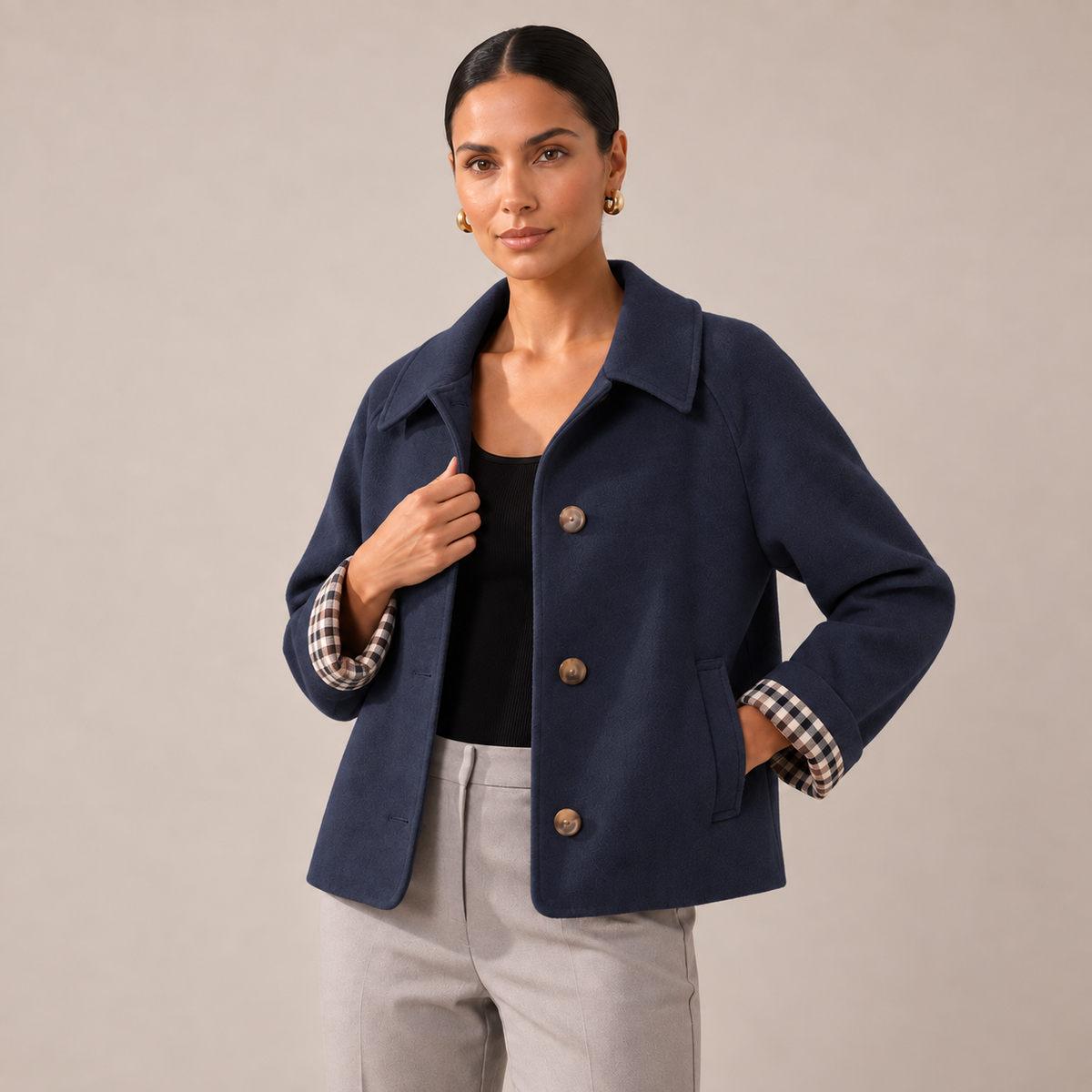 Cropped Trench Coat Boxy Jacket with Plaid Lining and Lapel Collar 2