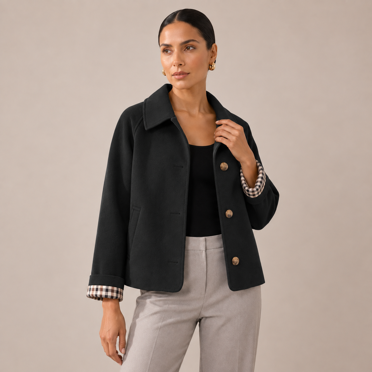 Cropped Trench Coat Boxy Jacket with Plaid Lining and Lapel Collar 3