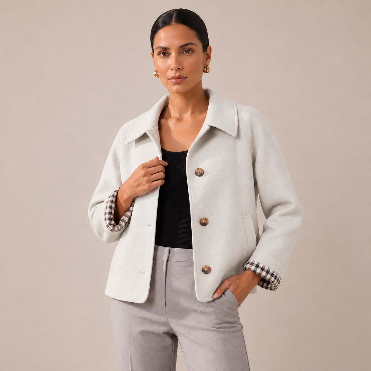 Cropped Trench Coat Boxy Jacket with Plaid Lining and Lapel Collar 4