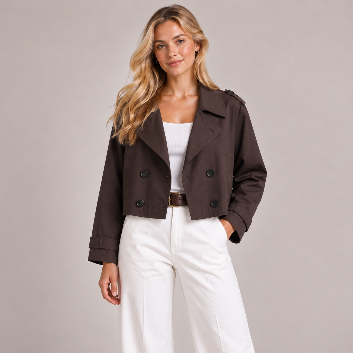 Cropped Trench Coat Women Double Breasted Oversized Lapels 0