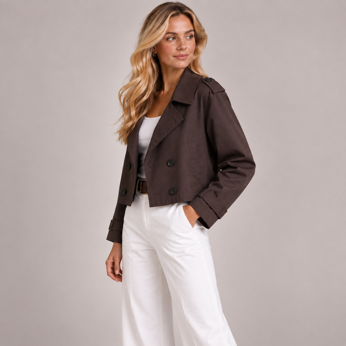 Cropped Trench Coat Women Double Breasted Oversized Lapels 1