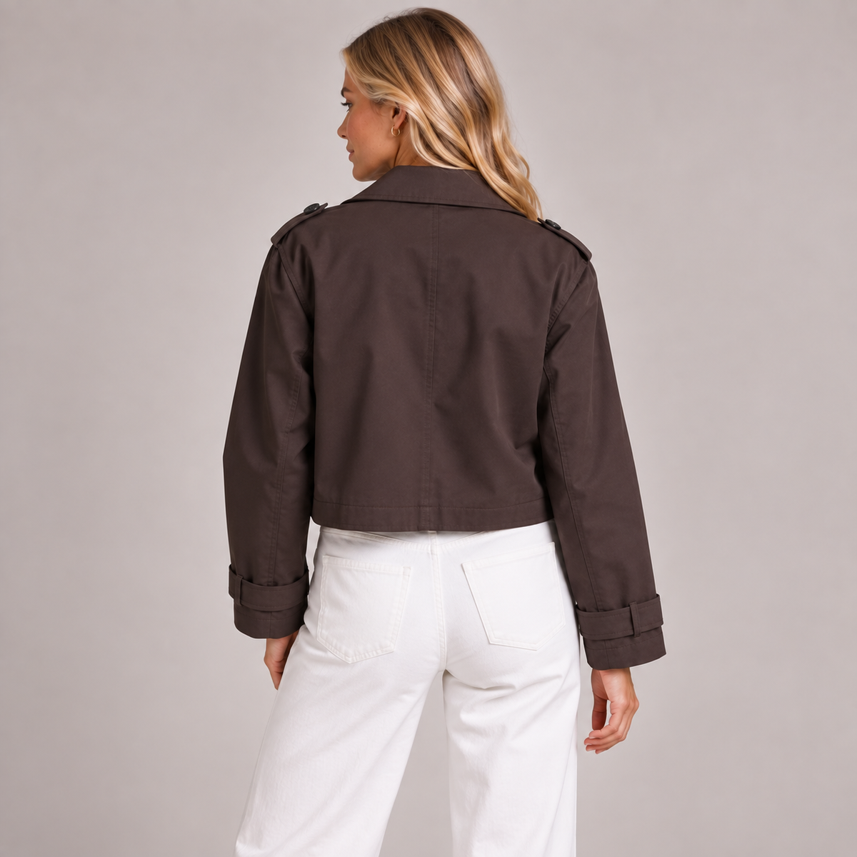 Cropped Trench Coat Women Double Breasted Oversized Lapels 2