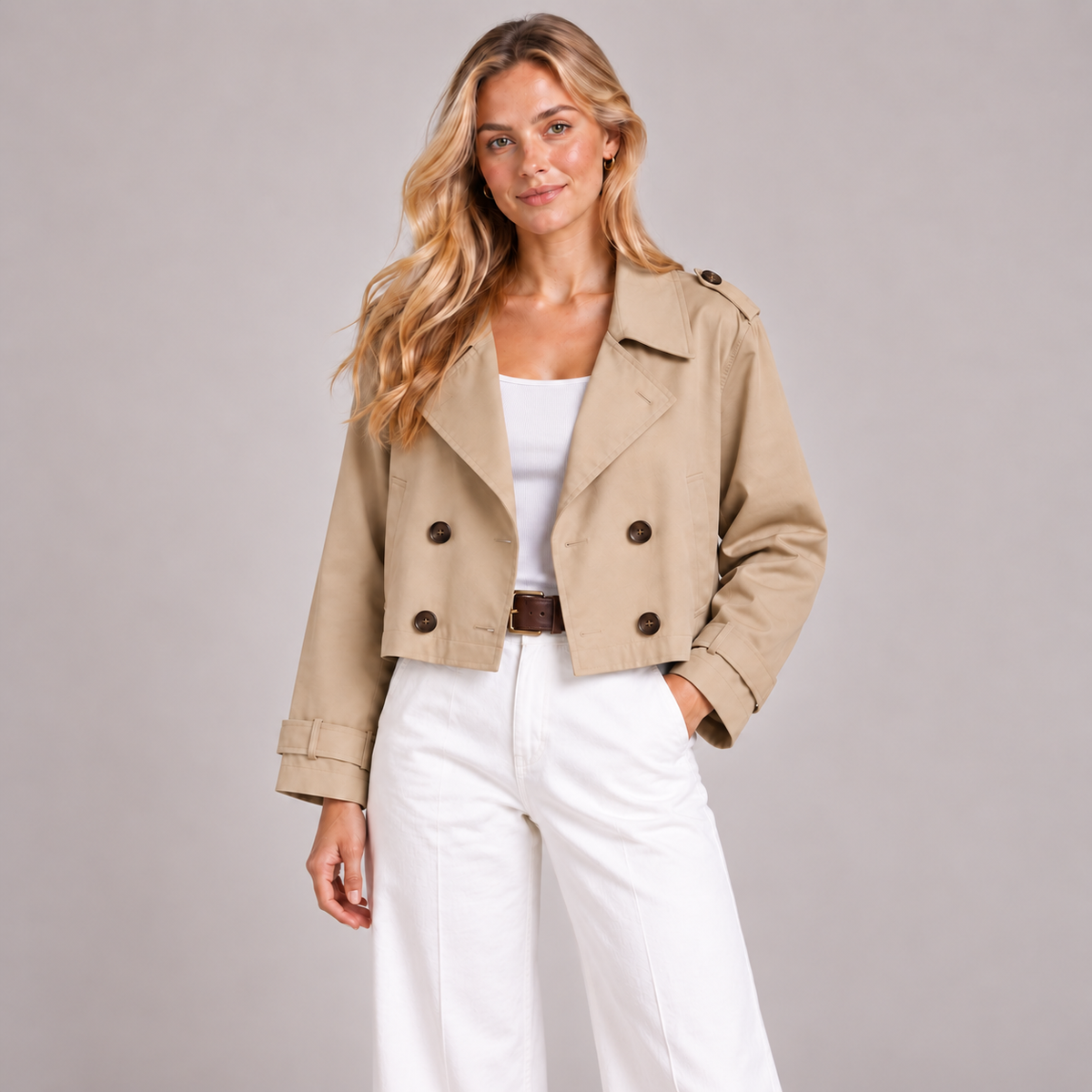 Cropped Trench Coat Women Double Breasted Oversized Lapels 3