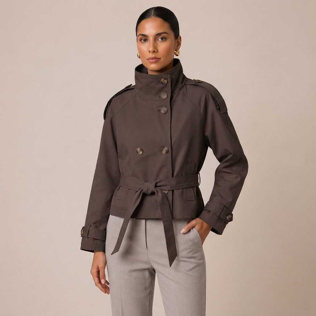 Double-Breasted Pea Coat with Belt and Stand Collar 0