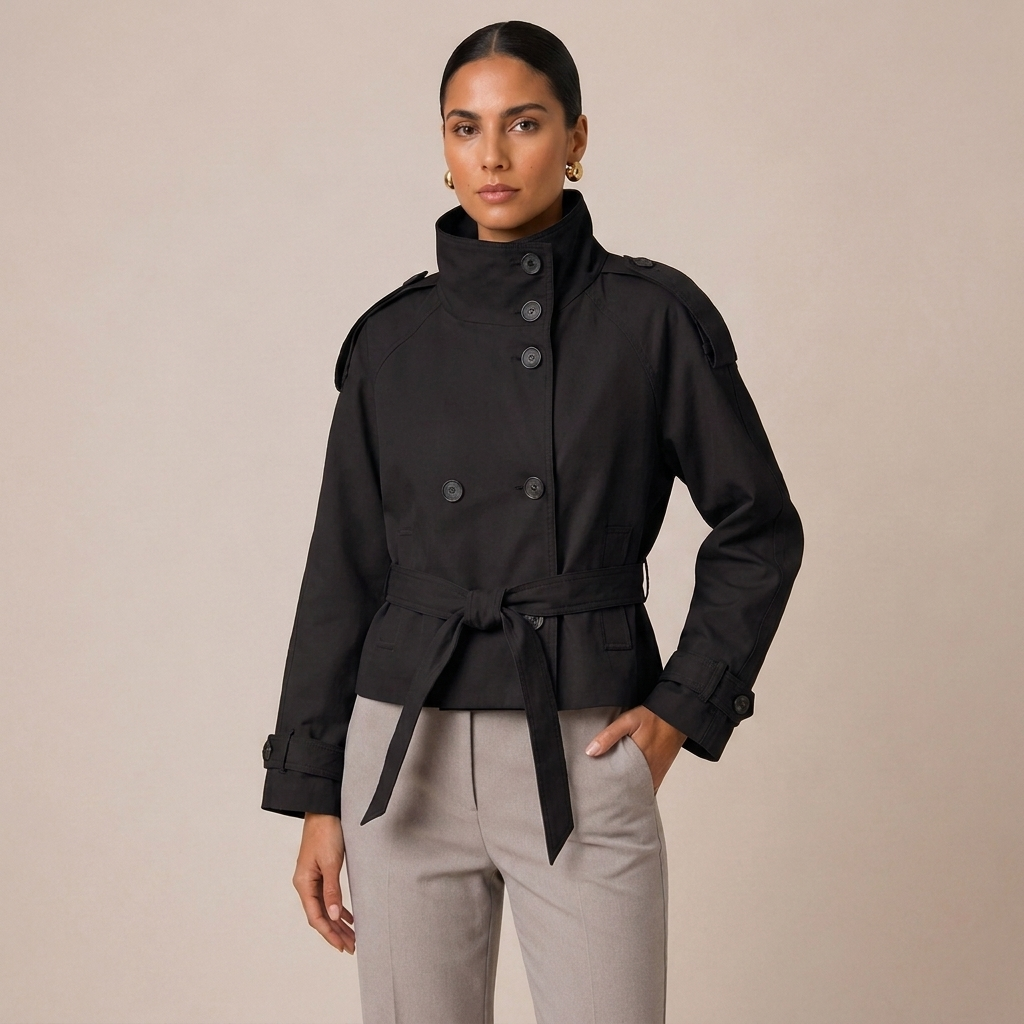 Double-Breasted Pea Coat with Belt and Stand Collar 1