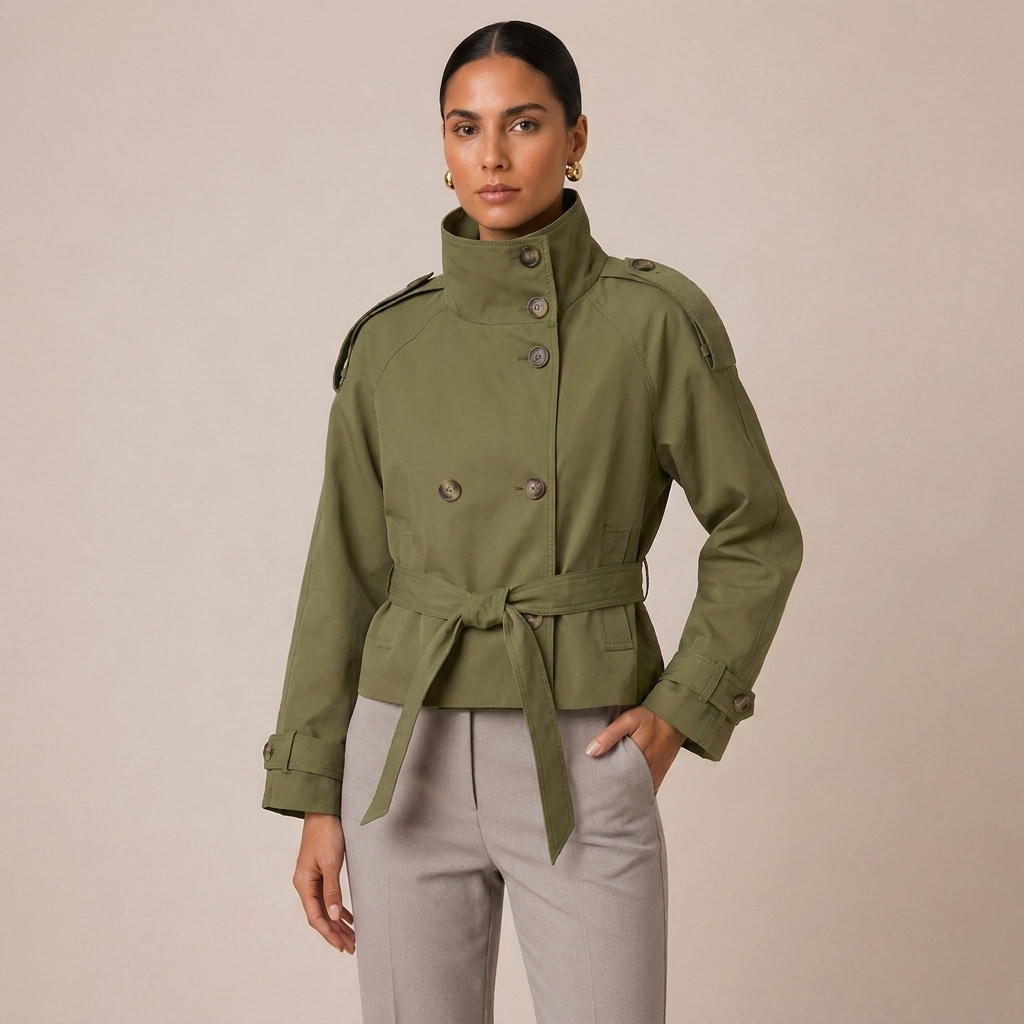 Double-Breasted Pea Coat with Belt and Stand Collar 2