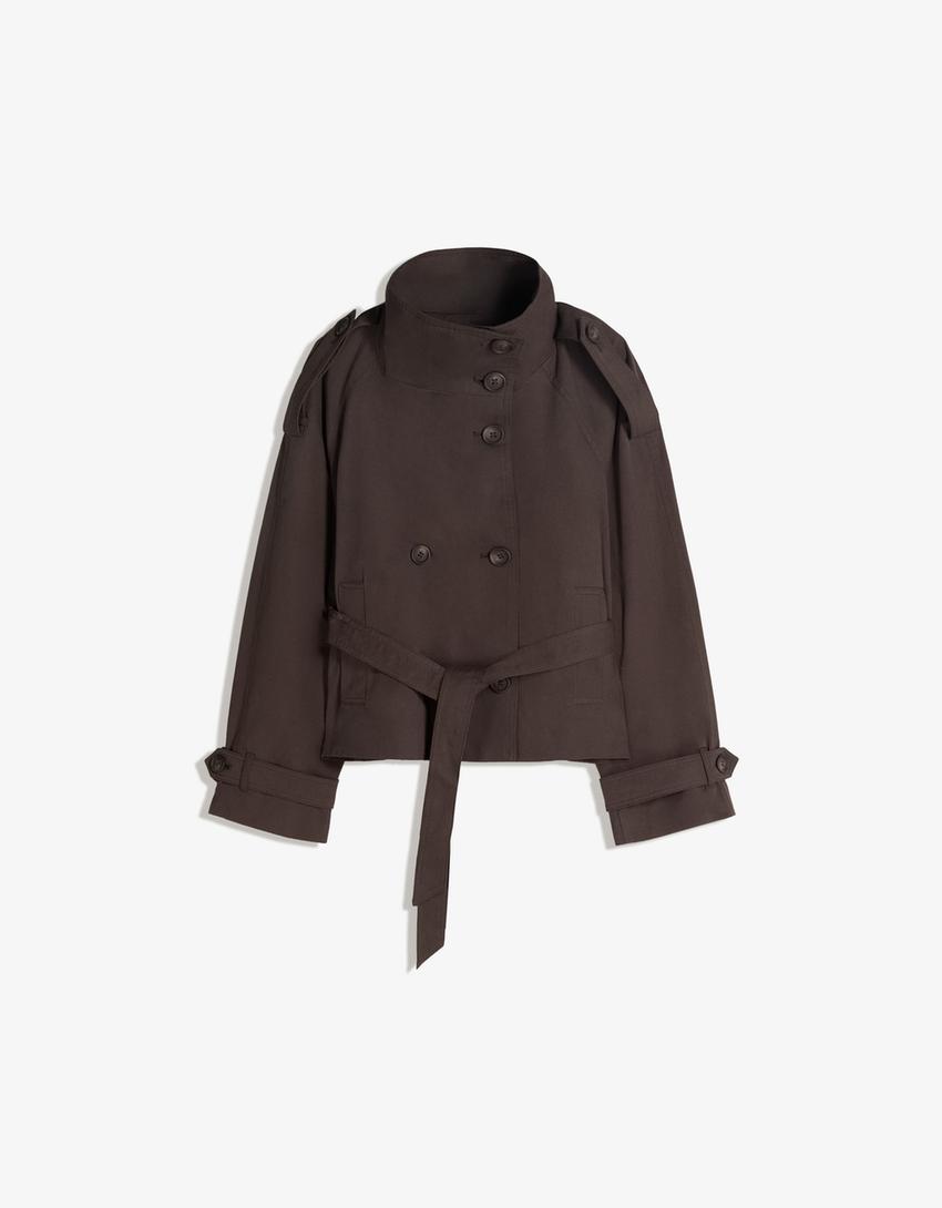 Double-Breasted Pea Coat with Belt and Stand Collar 4