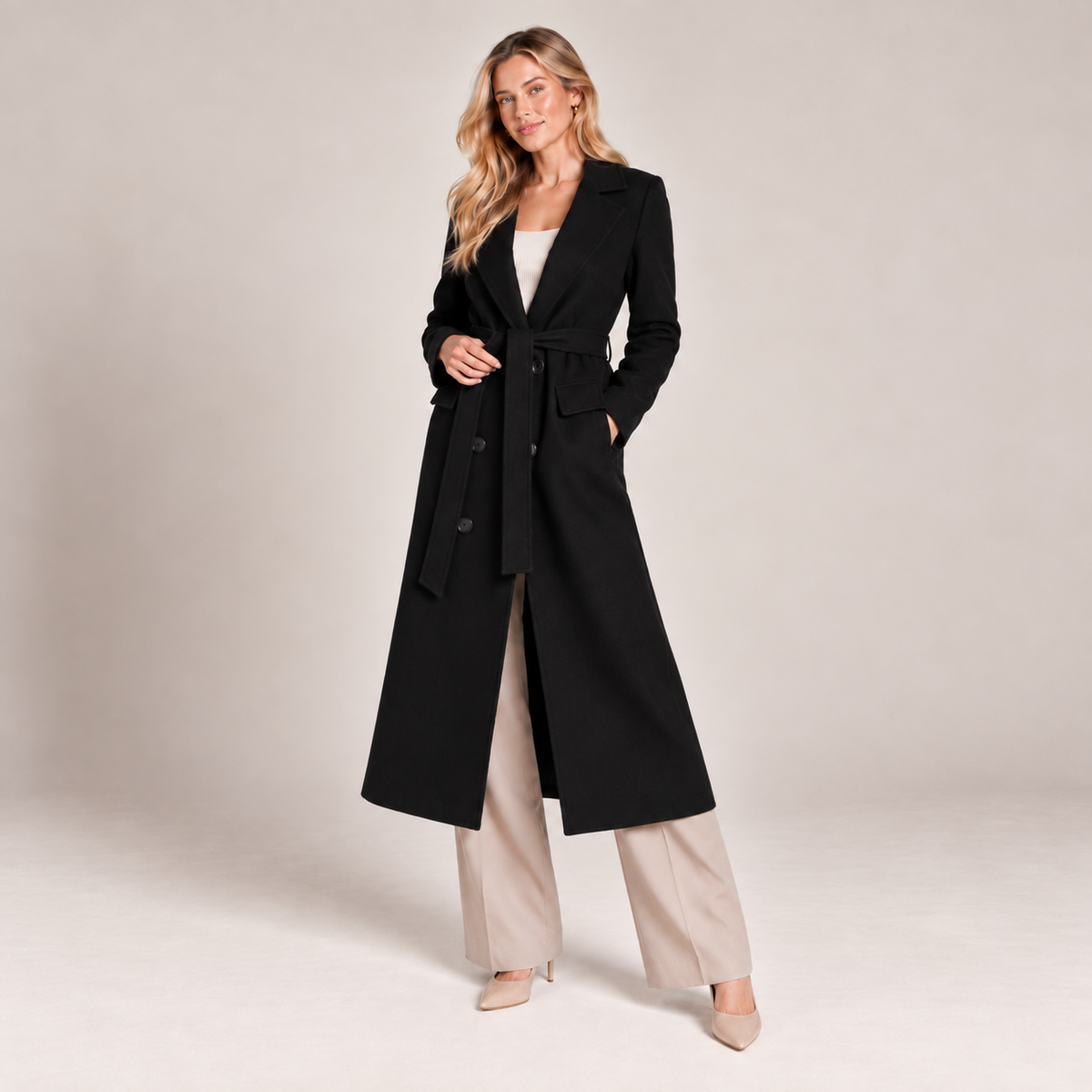 Double Breasted Long Coat Women Belted with Tailored Fit 0