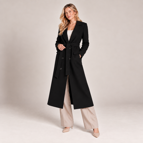 Double Breasted Long Coat Women Belted with Tailored Fit 0