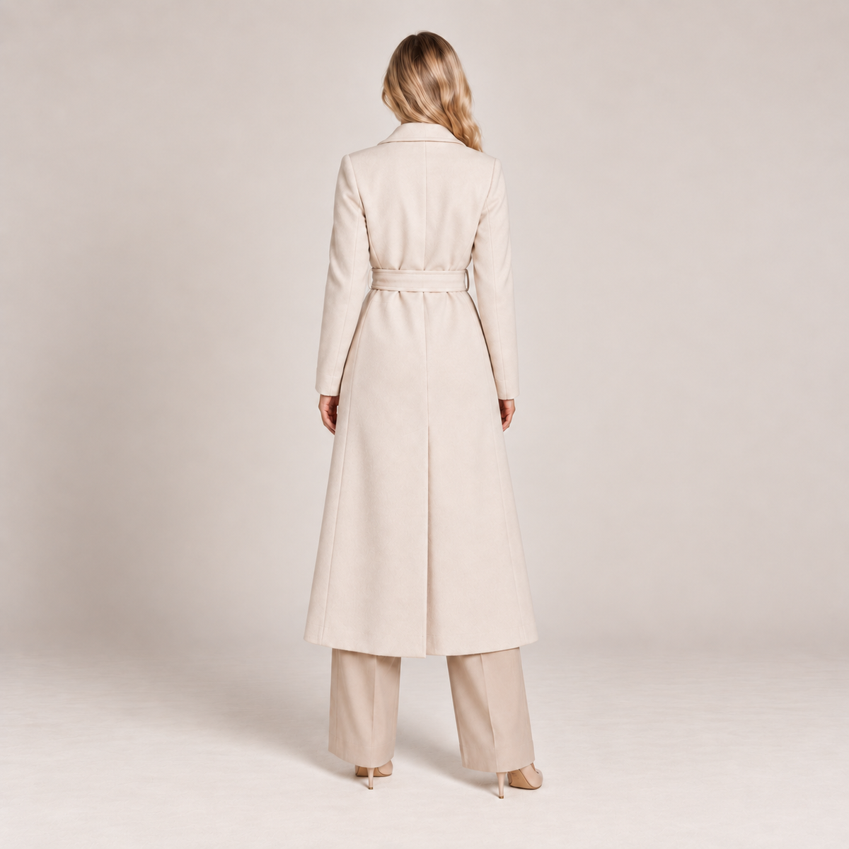 Double Breasted Long Coat Women Belted with Tailored Fit 1