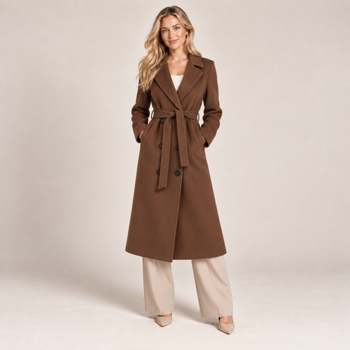 Double Breasted Long Coat Women Belted with Tailored Fit 2