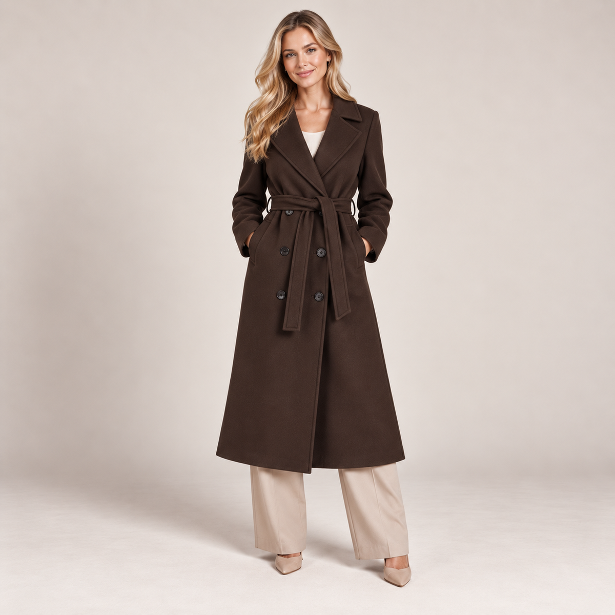 Double Breasted Long Coat Women Belted with Tailored Fit 3