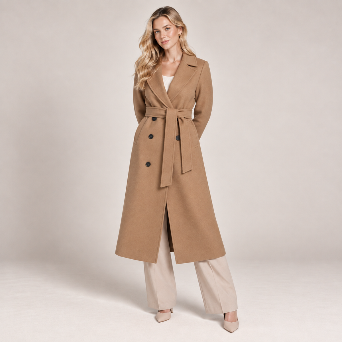 Double Breasted Long Coat Women Belted with Tailored Fit 4