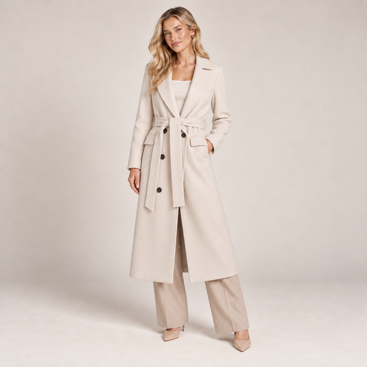 Double Breasted Long Coat Women Belted with Tailored Fit 5