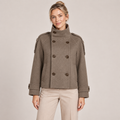 Double Breasted Pea Coat Women Brown with Funnel Neck 0
