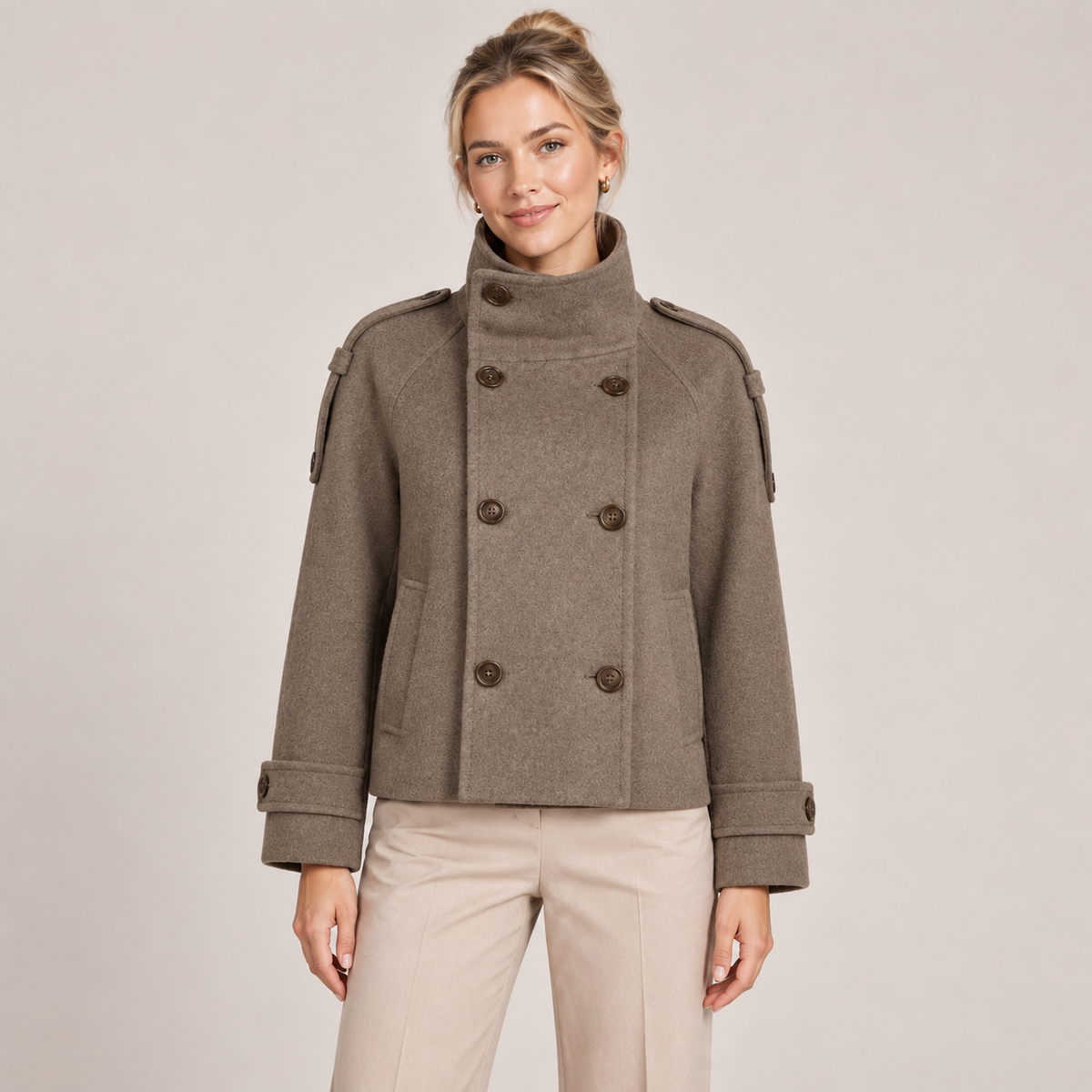 Double Breasted Pea Coat Women Brown with Funnel Neck 0