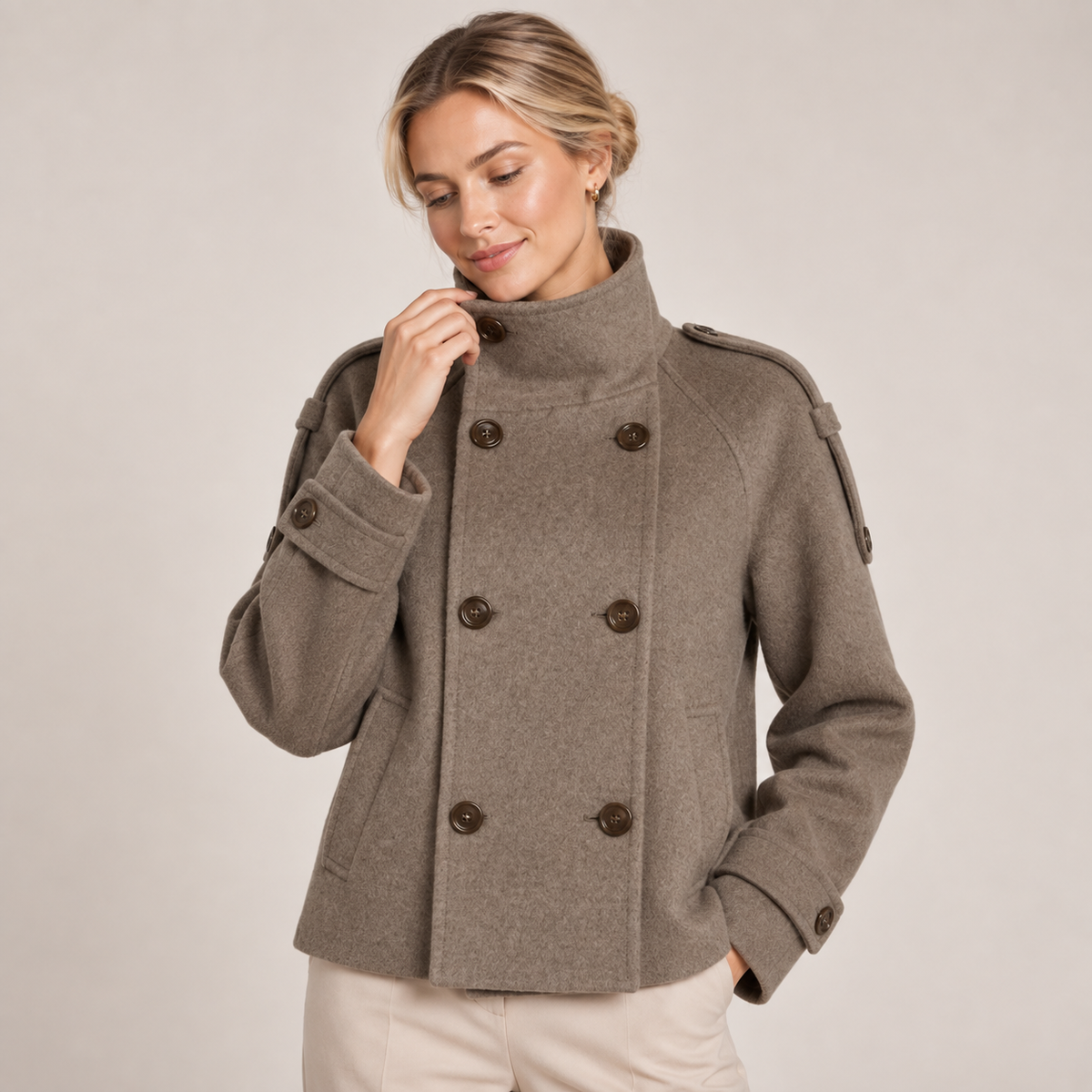 Double Breasted Pea Coat Women Brown with Funnel Neck 1