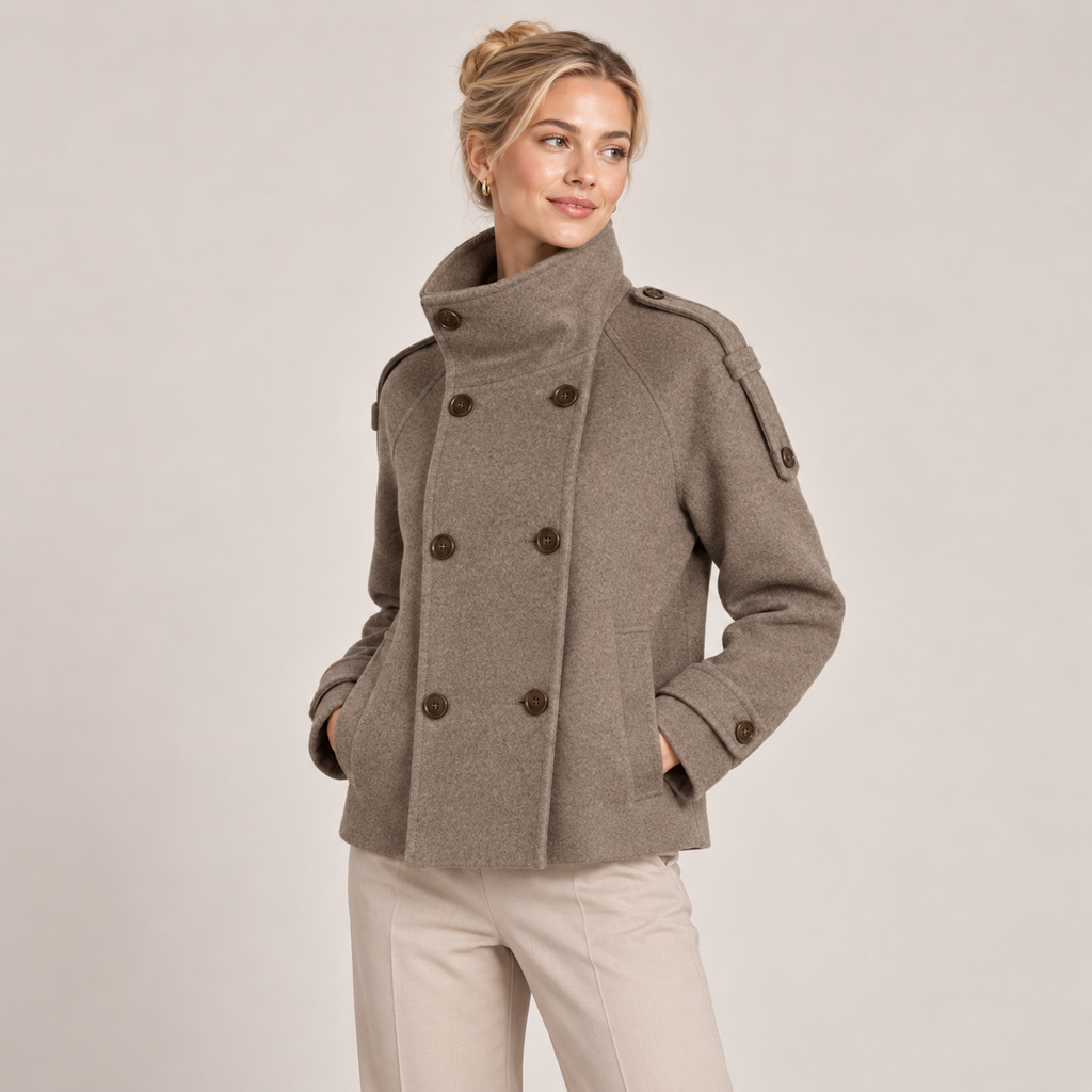 Double Breasted Pea Coat Women Brown with Funnel Neck 2