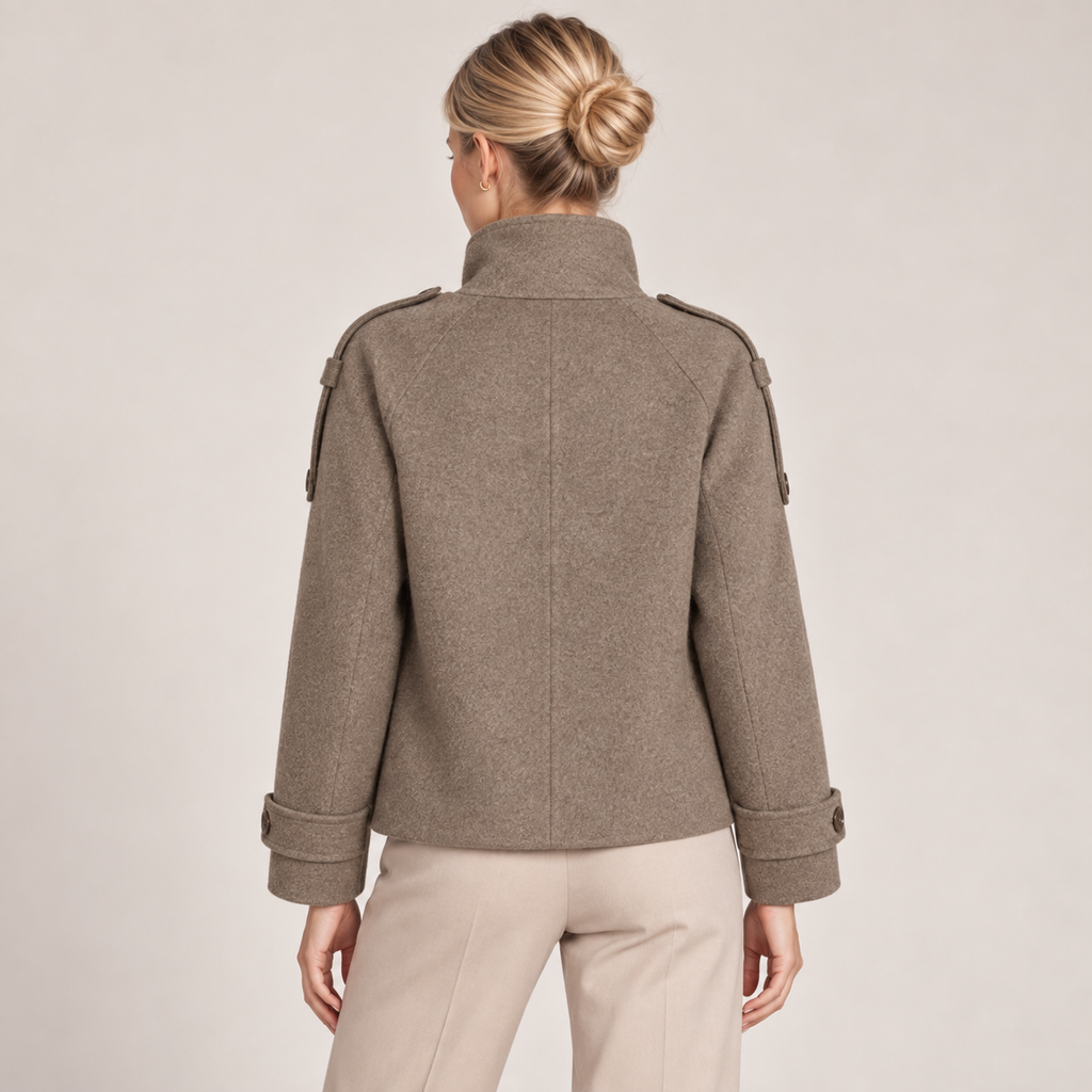 Double Breasted Pea Coat Women Brown with Funnel Neck 3