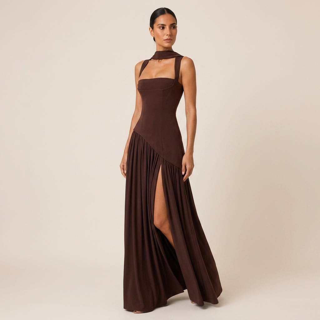 Draped Satin Maxi Dress with Side Slit for Formal Evening Wear 0