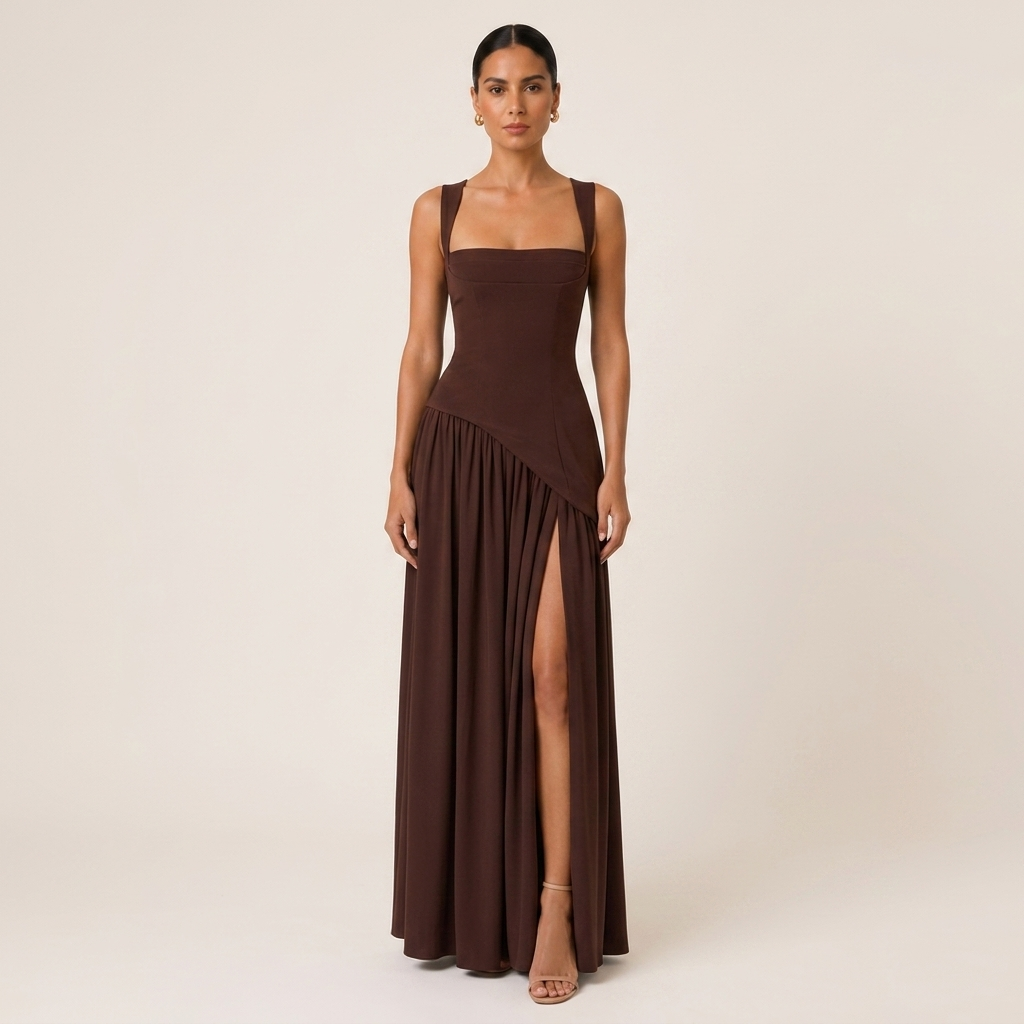 Draped Satin Maxi Dress with Side Slit for Formal Evening Wear 1