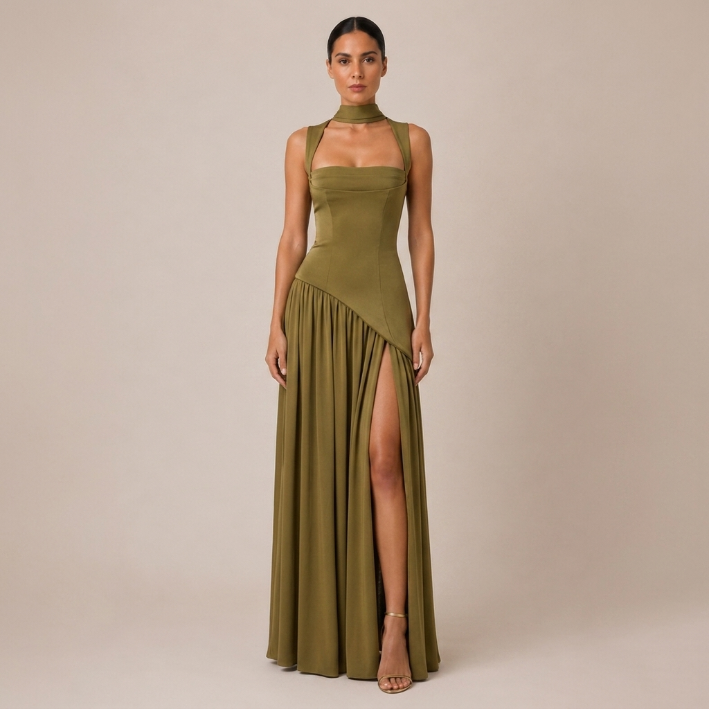 Draped Satin Maxi Dress with Side Slit for Formal Evening Wear 2