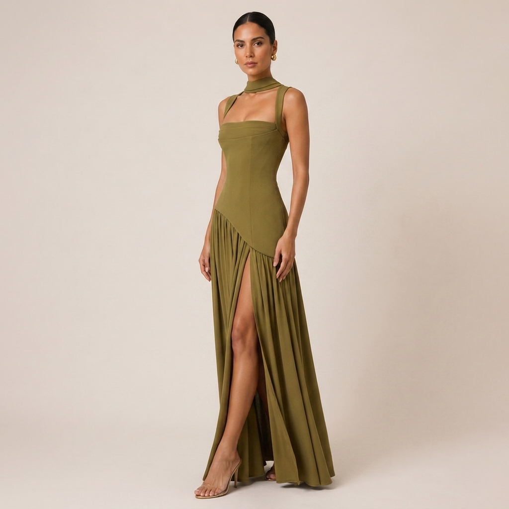 Draped Satin Maxi Dress with Side Slit for Formal Evening Wear 3