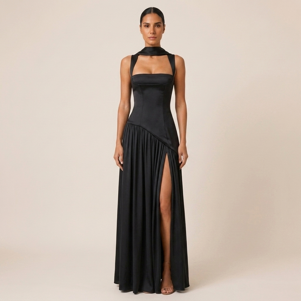Draped Satin Maxi Dress with Side Slit for Formal Evening Wear 6