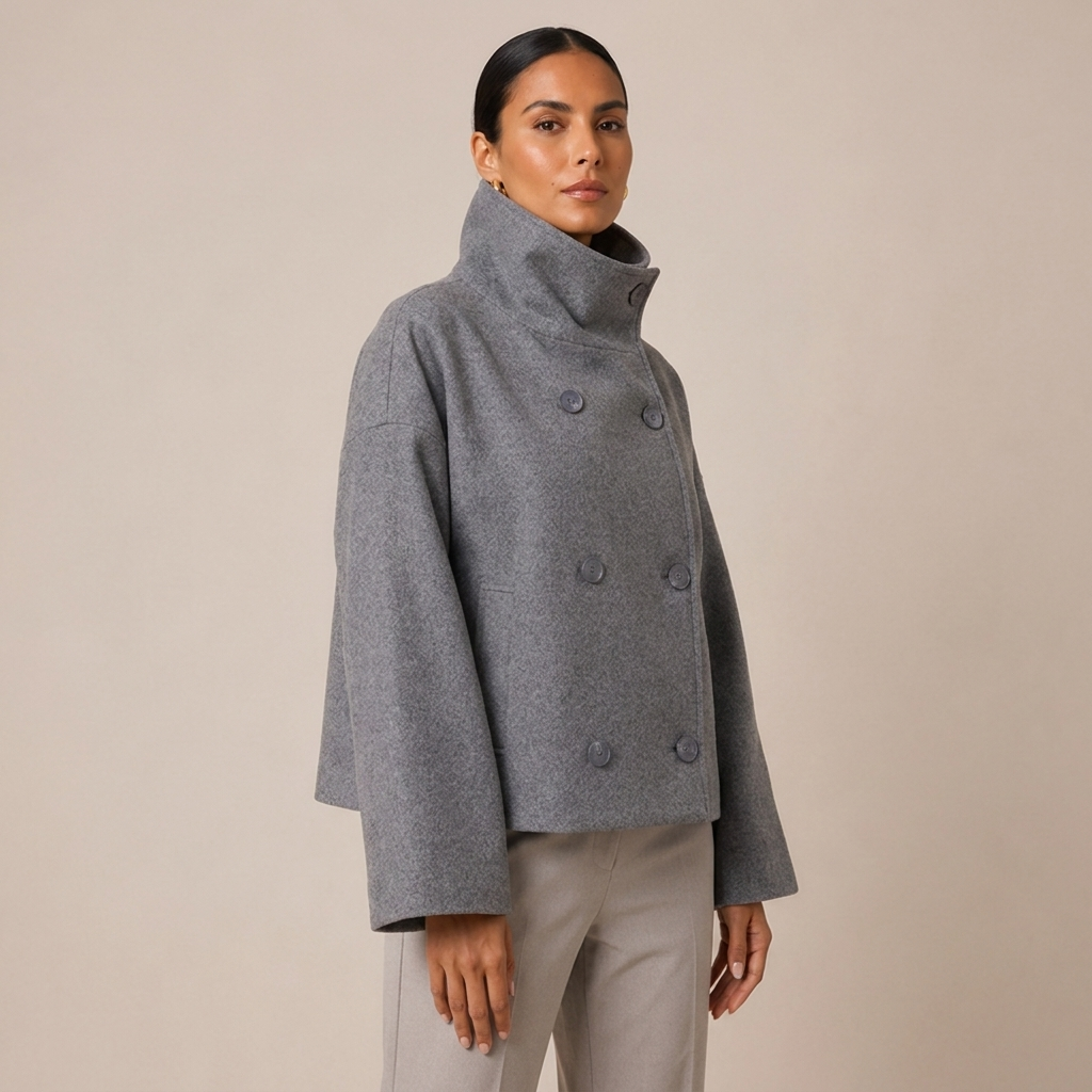 Dubble Breasted Pea Coat with High Funnel Neck 0