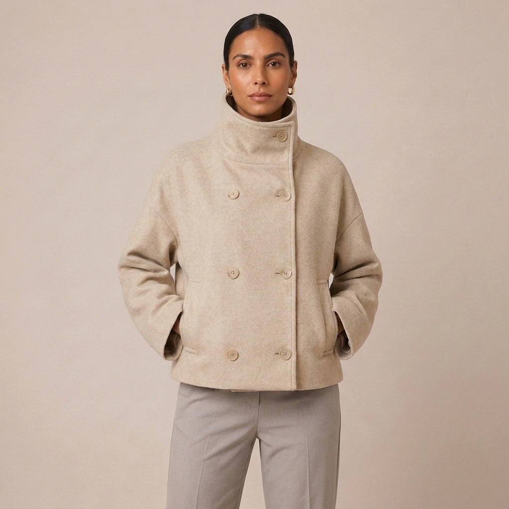 Dubble Breasted Pea Coat with High Funnel Neck 2