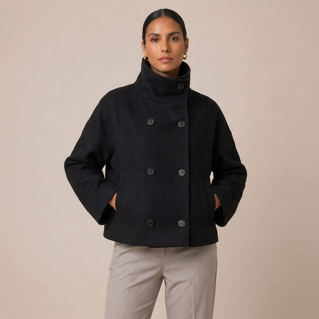Dubble Breasted Pea Coat with High Funnel Neck 4