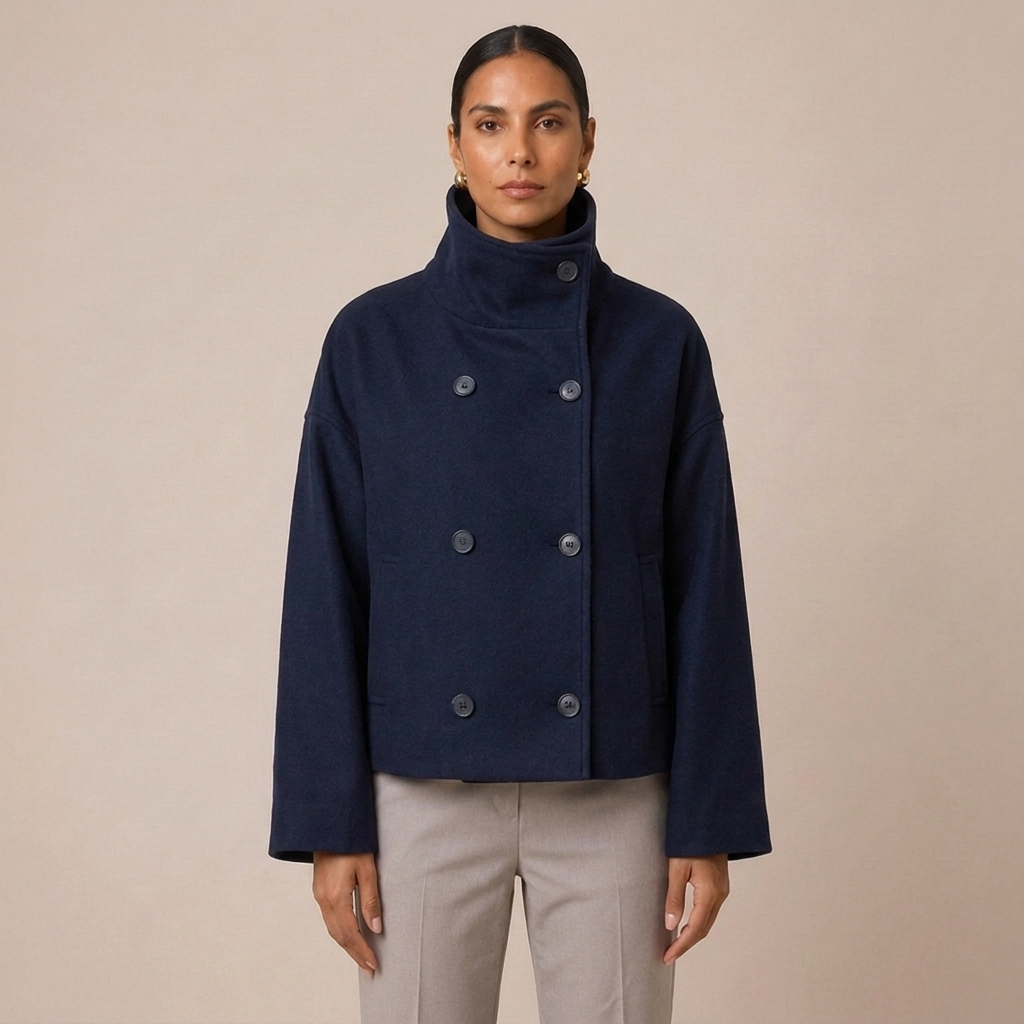 Dubble Breasted Pea Coat with High Funnel Neck 5