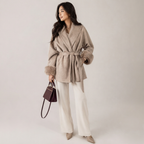 Elegant Belted Wrap Coat with Faux Fur Cuffs 0
