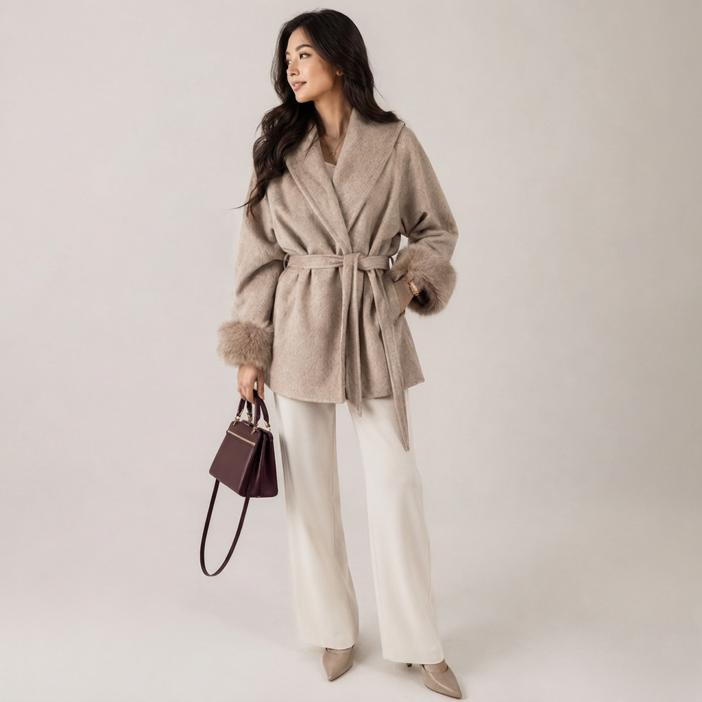 Elegant Belted Wrap Coat with Faux Fur Cuffs 0