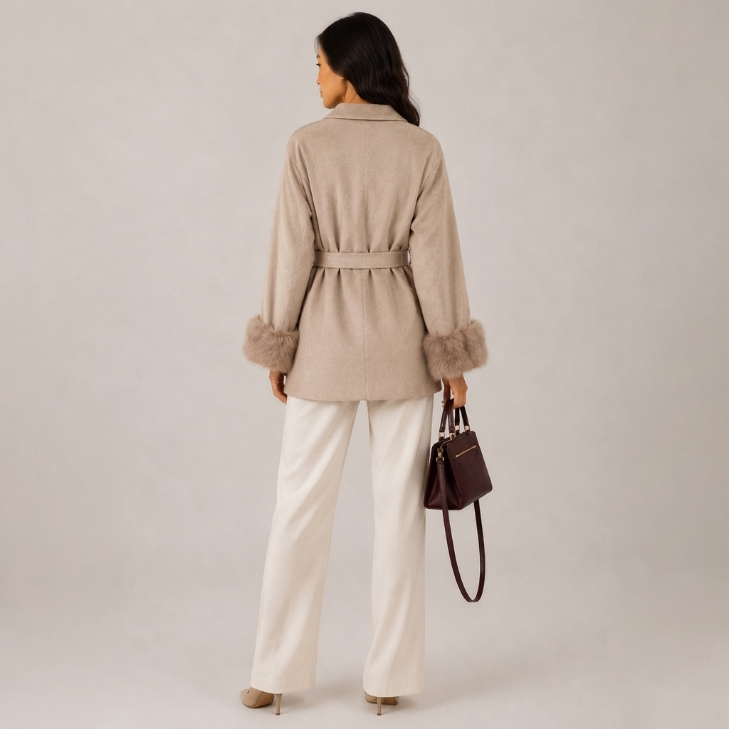 Elegant Belted Wrap Coat with Faux Fur Cuffs 2