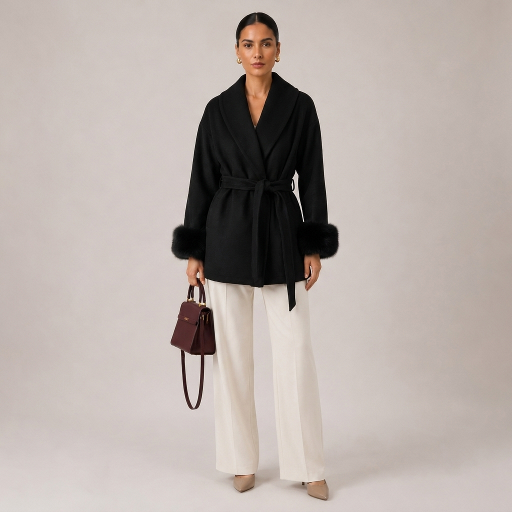 Elegant Belted Wrap Coat with Faux Fur Cuffs 3