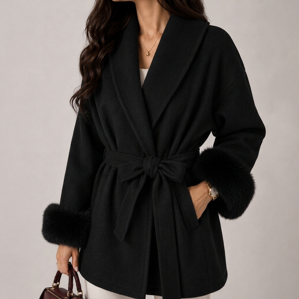 Elegant Belted Wrap Coat with Faux Fur Cuffs 4