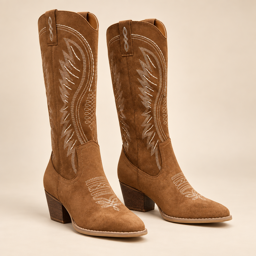Embroidered Knee High Cowboy Boots Faux Leather Pointed Toe Block Heel 0
